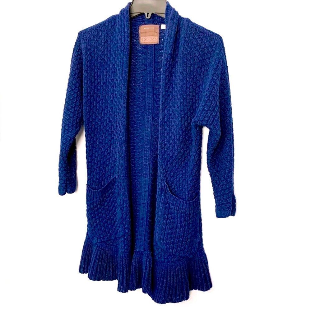 Anthropologie Guinevere | Womenโs Boho Knit Ruffle Open Navy Cardigan Sweater XS